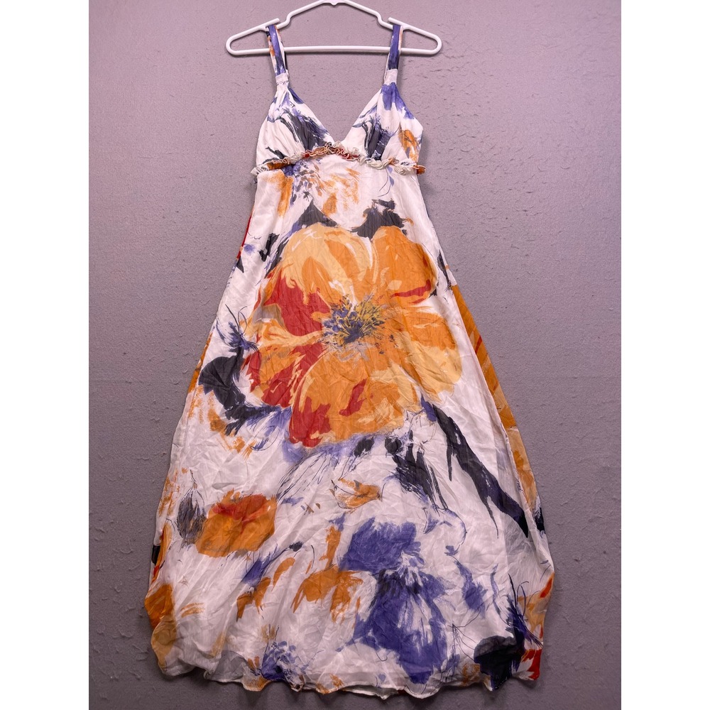 BCBGeneration Maxi Dress Cotton Blend Floral White Orange Blue 4 Womens